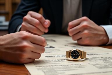 Deux mains discutant d'une montre ancienne sur une table de consultation, avec des documents et un loupe horloger.