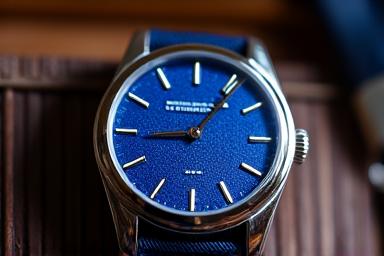 Une montre bracelet de luxe en édition limitée avec un cadran bleu nuit et des aiguilles lumineuses, présentée dans un écrin en bois précieux.